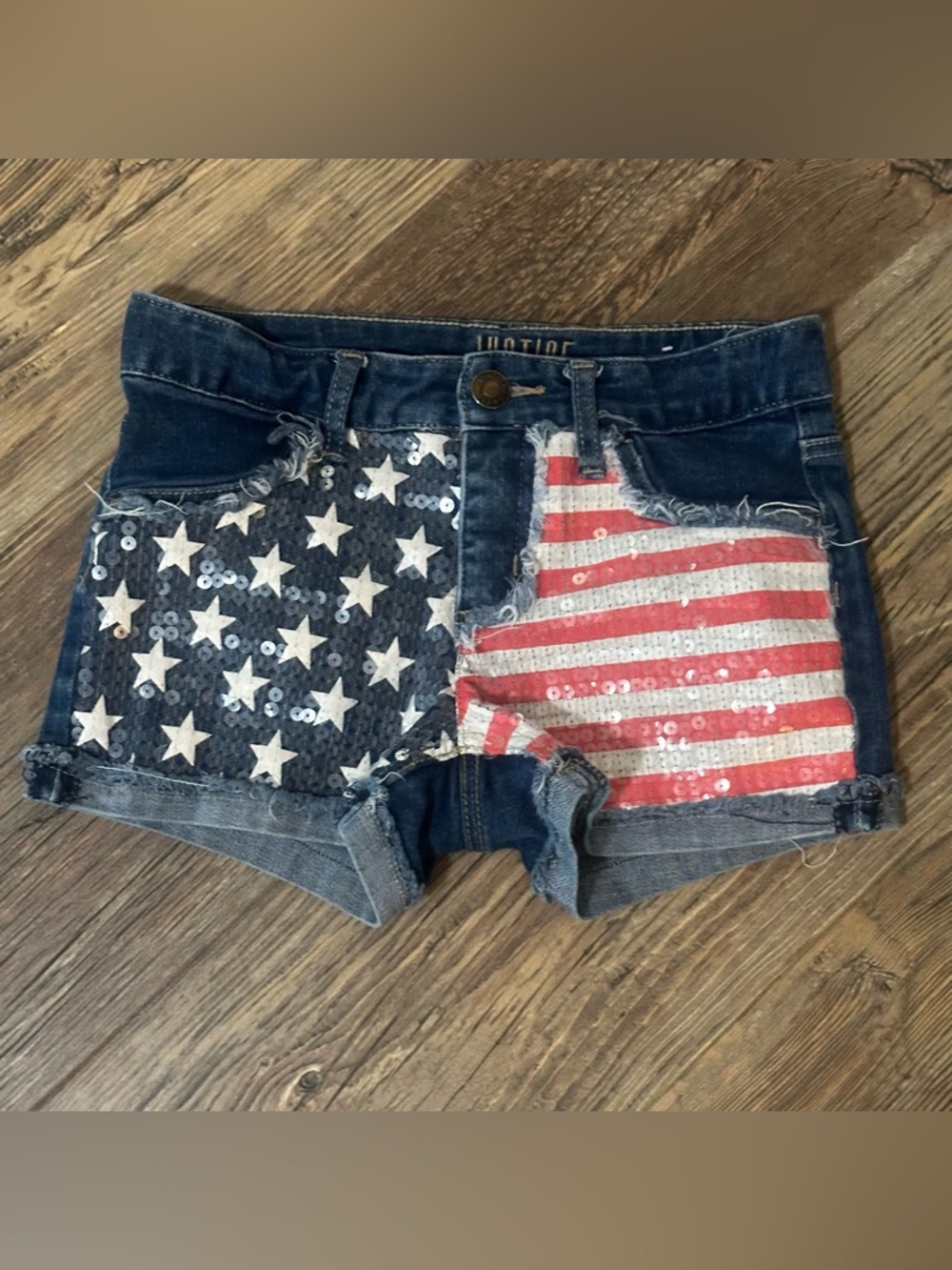 Justice sequin American Flag 🇺🇸 Jean shorts girls 12 cuff